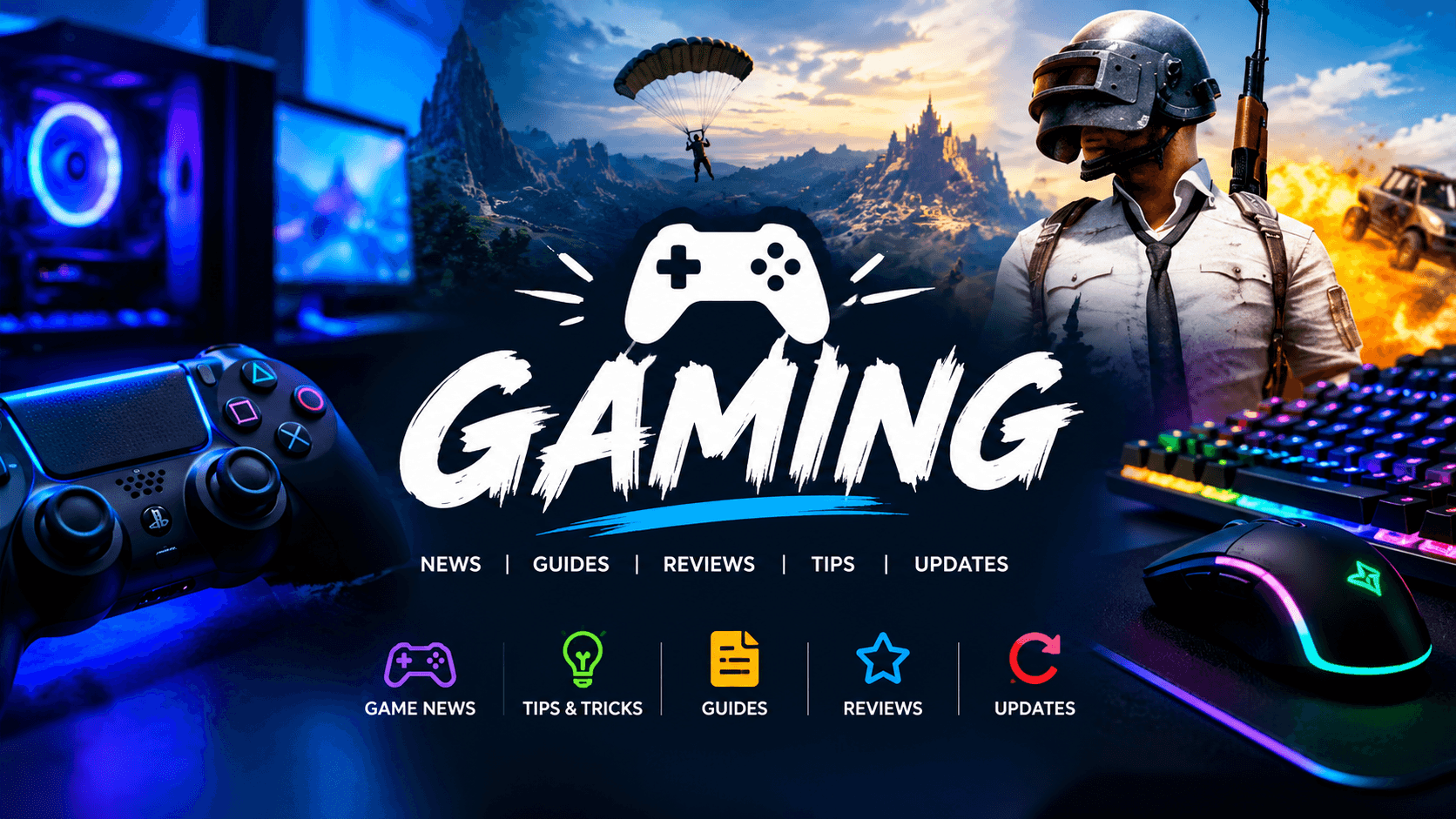 A vibrant gaming-themed banner featuring neon RGB gaming equipment, a game controller, a helmeted battle royale character, and an action-packed gaming landscape. The bold “GAMING” title highlights the