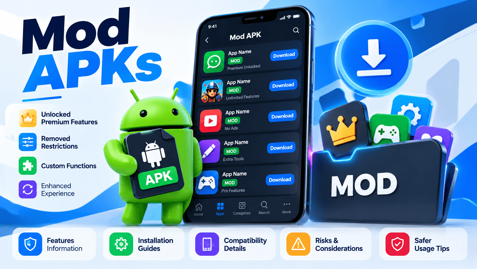 A modern Mod APKs category image featuring an Android-style mascot, smartphone app interface, download symbol, and MOD folder. The design highlights unlocked features, custom functions, compatibility,